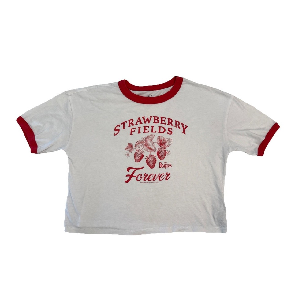 Gap Shirt Teen 10 White Red Beatles Strawberry Fields Ringer Easy T Cropped